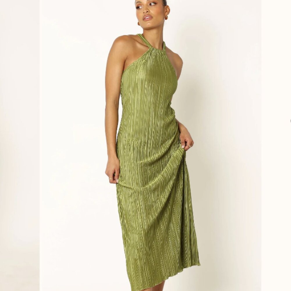Petal & Pup Olive Green Pleated Halter Maxi Dress